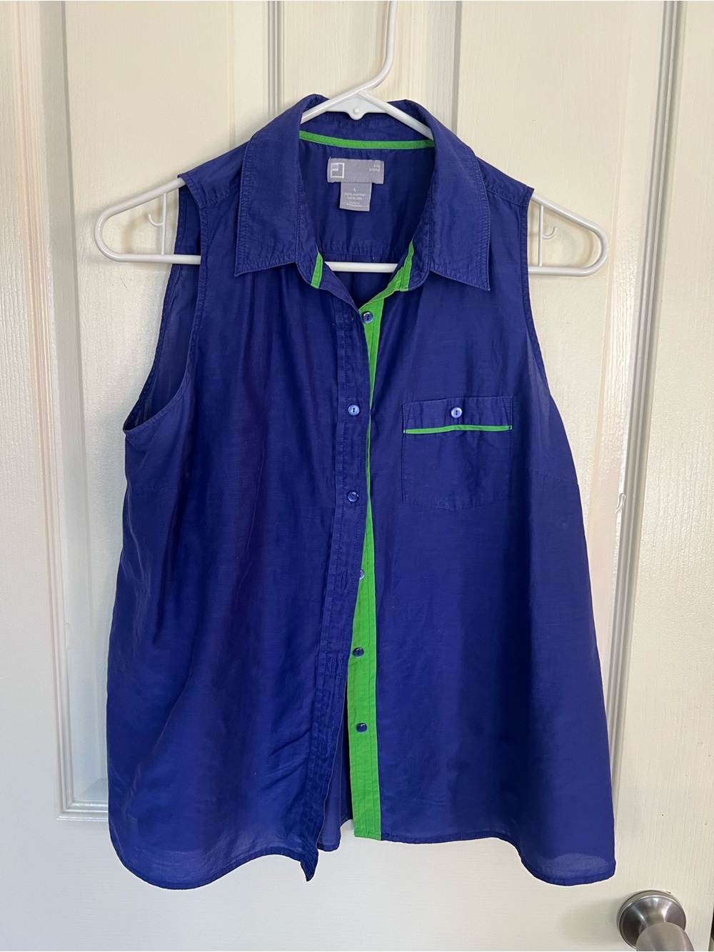 JCP Silk Blend Sleeveless Button Front Blouse Blue Green Colorblock L